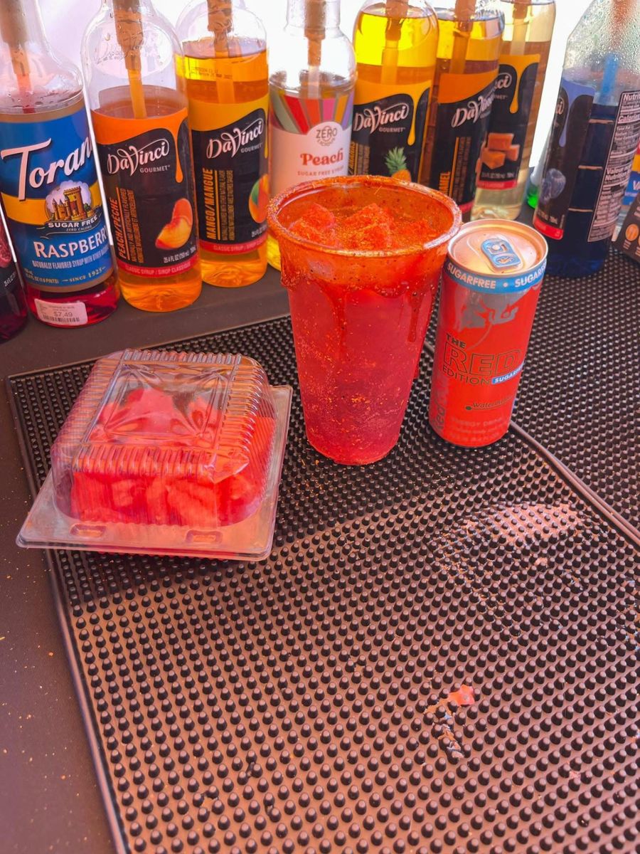 Red energy drink with strawberry jello cubes