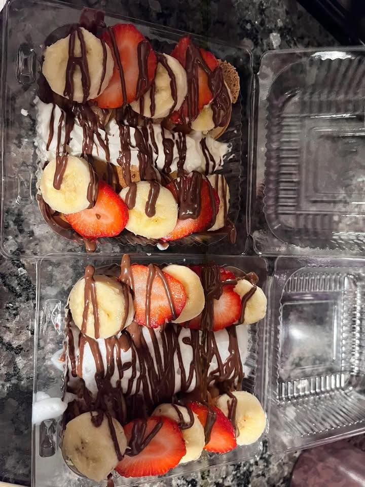 Strawberry banana mini pancakes with whipped cream